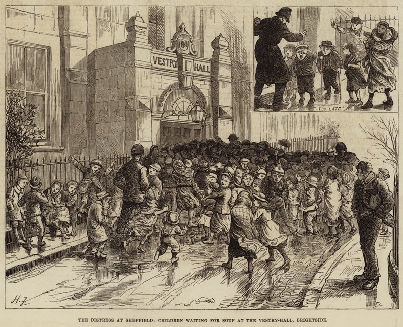 The Distress at Sheffield, Børn venter på suppe i Vestry-Hall, Brightside af Harry Furniss