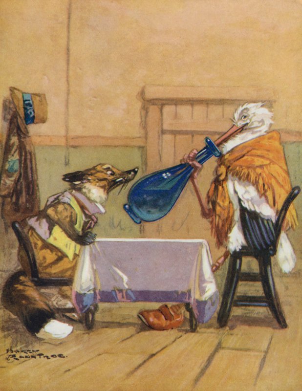 Æsops fabler: Ræven og storken (farvelitografi) af Harry (1878 1950) Rountree