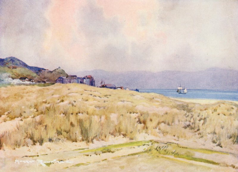 Golfbaner: Aberdovey, landsbyen fra anden tee (farvelitografi) af Harry (1878 1950) Rountree