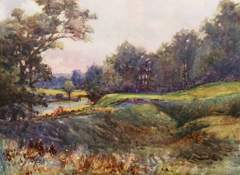 Golfbaner: Cassiobury Park, det nye attende hul (farvelitografi) af Harry (1878 1950) Rountree