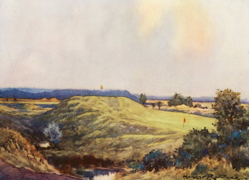 Golfbaner: Frilford Heath, på vej mod niende green (farvelitografi) af Harry (1878 1950) Rountree