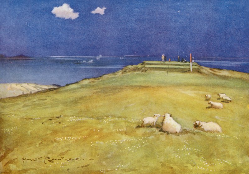 Golfbaner: Gullane, sjette green og syvende tee (farvelitografi) af Harry (1878 1950) Rountree