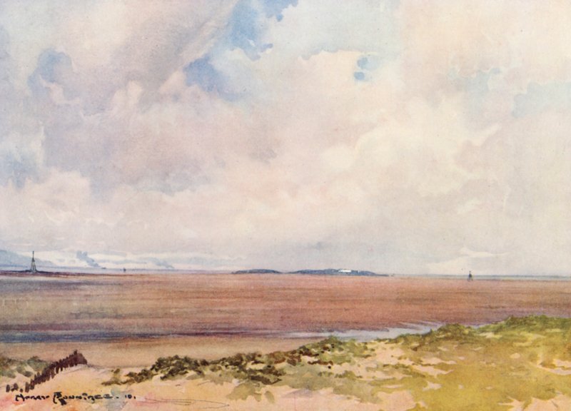 Golfbaner: Hoy-søen med udsigt til Hilbre fra niende tee (farvelitografi) af Harry (1878 1950) Rountree