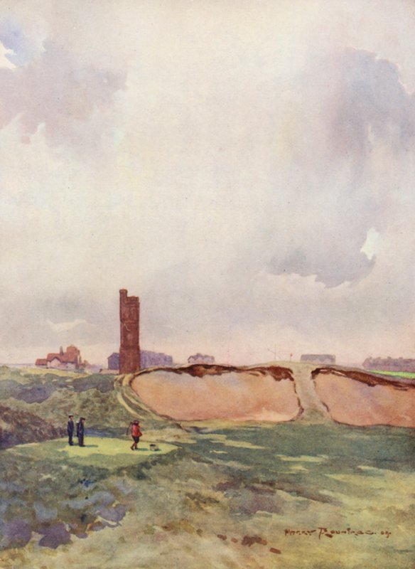Golfbaner: Littlestone the carry fra syttende tee (farvelitografi) af Harry (1878 1950) Rountree