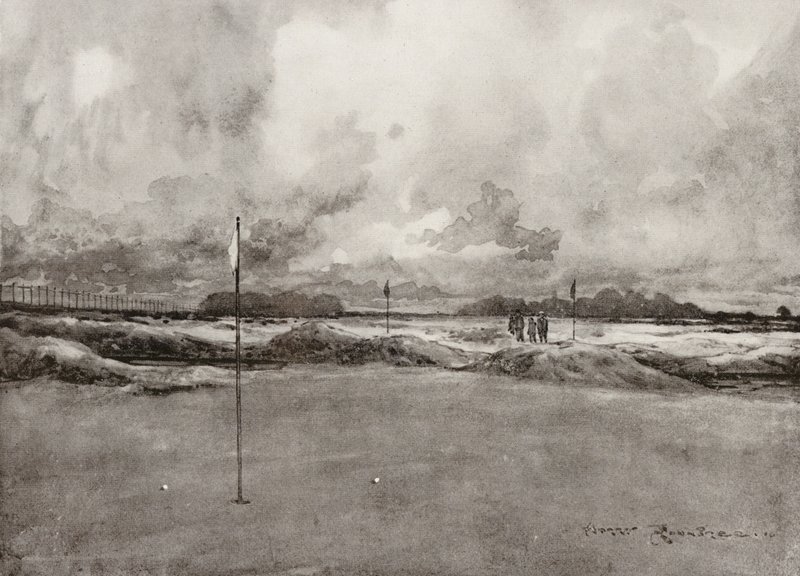 Golfbaner: Mitcham, den syvende green (litho) af Harry (1878 1950) Rountree