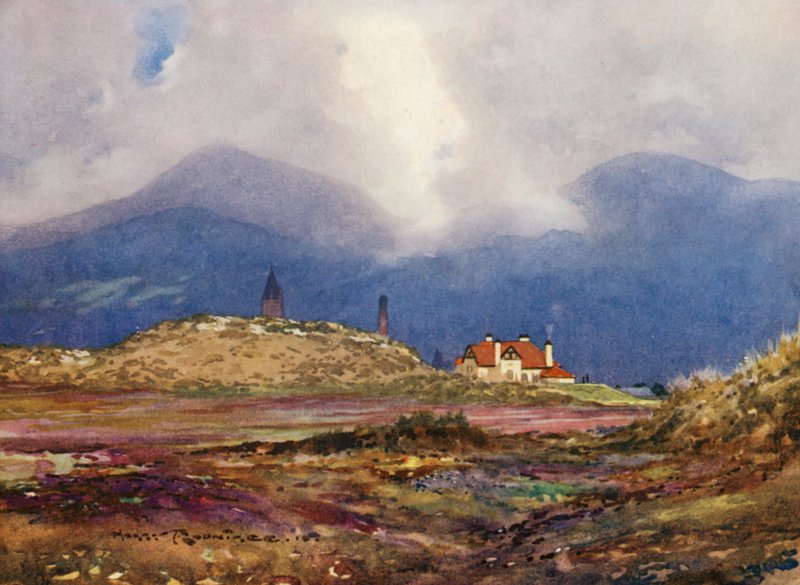 Golfbaner: Newcastle, niende carry og klubhuset (farvelitografi) af Harry (1878 1950) Rountree