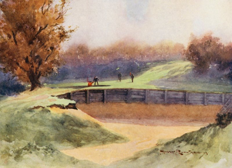 Golfbaner: Northwood, "Death or Glory", det ottende hul (farvelitografi) af Harry (1878 1950) Rountree