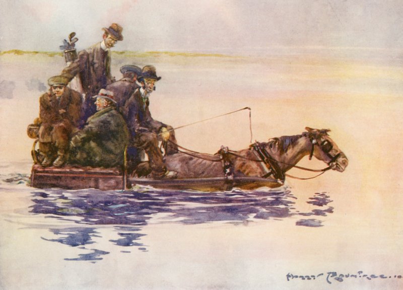 Golfbaner: Portmarnock, på vej hjem (farvelitografi) af Harry (1878-1950) Rountree