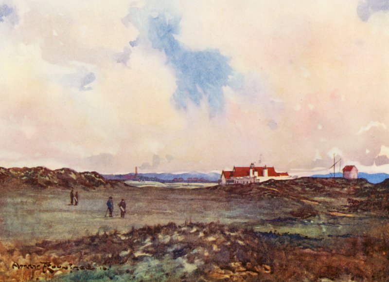 Golfbaner: Portmarnock, det andet slag på det attende hul (farvelitografi) af Harry (1878 1950) Rountree