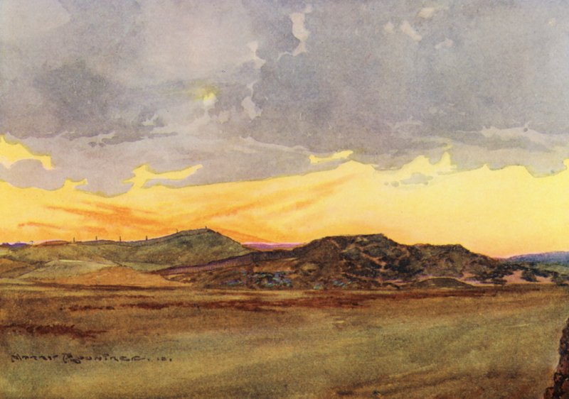 Golfbaner: Prestwick, kigger tilbage på "Alperne" (farvelitografi) af Harry (1878 1950) Rountree