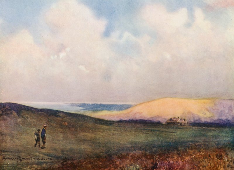 Golfbaner: Sydpå med udsigt til den sidste green (farvelitografi) af Harry (1878 1950) Rountree