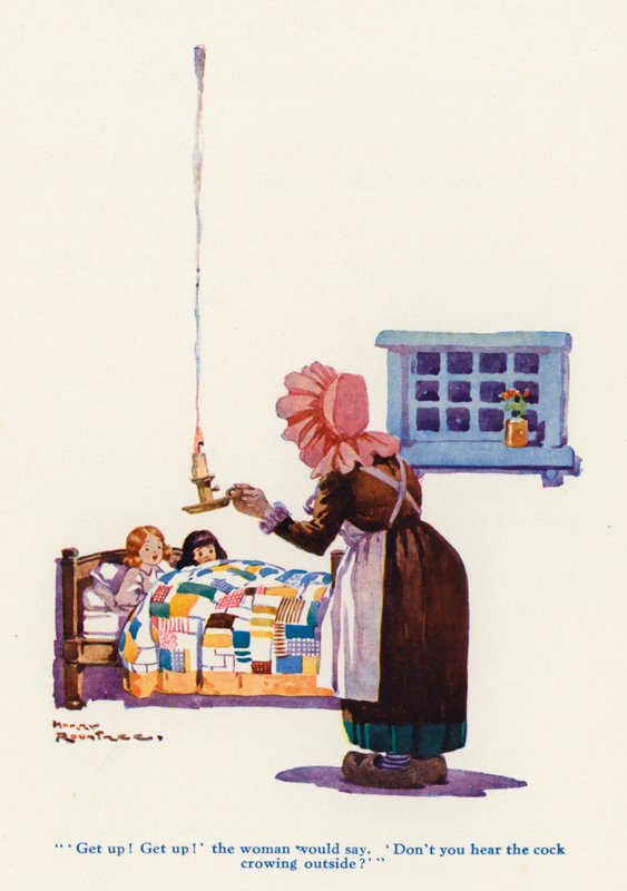 Enken og hendes små jomfruer (farve litho) af Harry Rountree