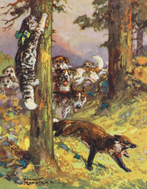 Æsops fabler: Katten og ræven (farvelitografi) af Harry (1878 1950) Rountree