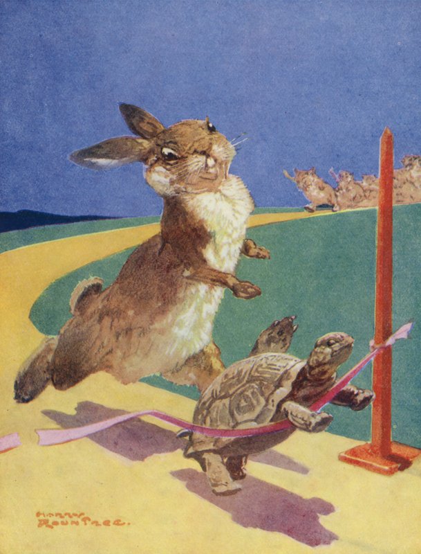 Æsops fabler: Haren og skildpadden (farvelitografi) af Harry (1878 1950) Rountree