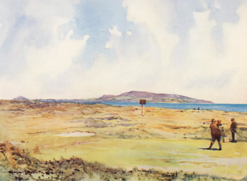 Golfbaner: Dollymount, første tee, kigger mod Howth (farvelitografi) af Harry (1878 1950) Rountree