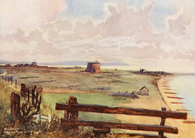 Golfbaner: Felixtowe, generel udsigt over banen (farvelitografi) af Harry (1878 1950) Rountree