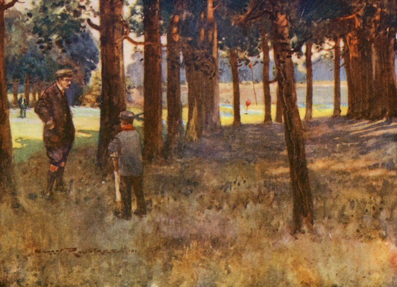 Golfbaner: Mildenhall, resultatet af et dårligt slice på sjette hul (farvelitografi) af Harry (1878 1950) Rountree