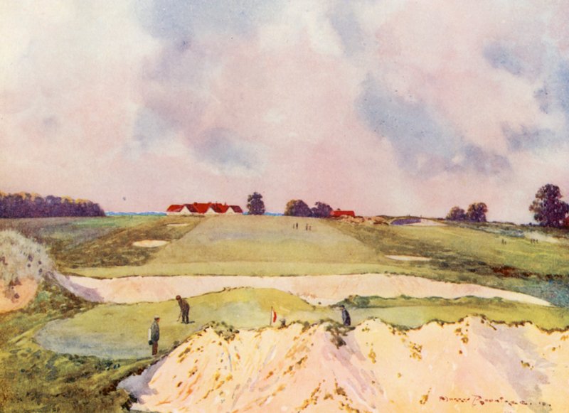 Golfbaner: Sandy Lodge, den første green, set mod klubhuset (farvelitografi) af Harry (1878 1950) Rountree