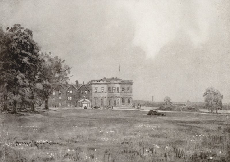 Golfbaner: Trafford Park, klubhuset fra den attende tee (litho) af Harry (1878 1950) Rountree