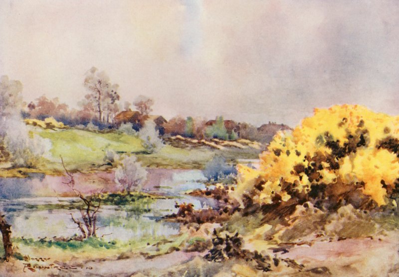 Golfbaner: Arbejde, kigger tilbage på sekstende green (farvelitografi) af Harry (1878 1950) Rountree
