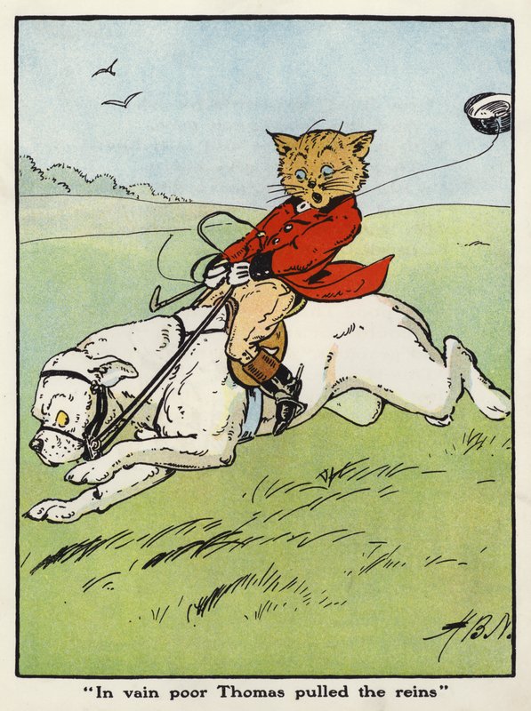 "Forgæves stakkels Thomas trak i tøjlerne" (farve litho) af Harry B Neilson