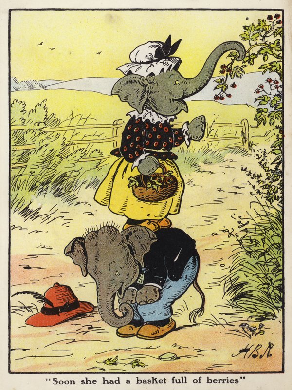 "Snart havde hun en kurv fuld af bær" (farve litho) af Harry B Neilson