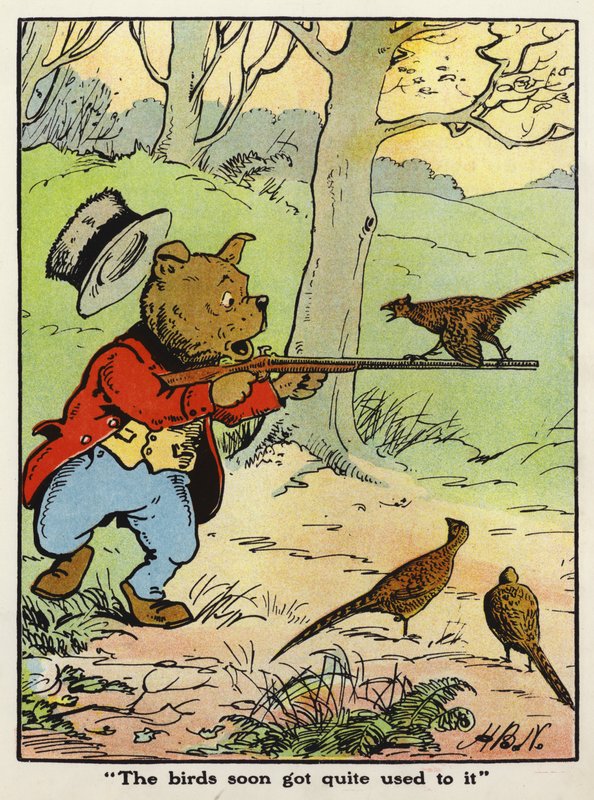 "Fuglene vænnede sig hurtigt til det" (farve litho) af Harry B Neilson