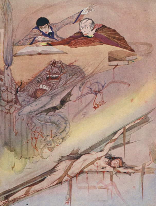 Edgar Allan Poe: The Fall of the House of Usher (farvelitografi) af Harry Clarke