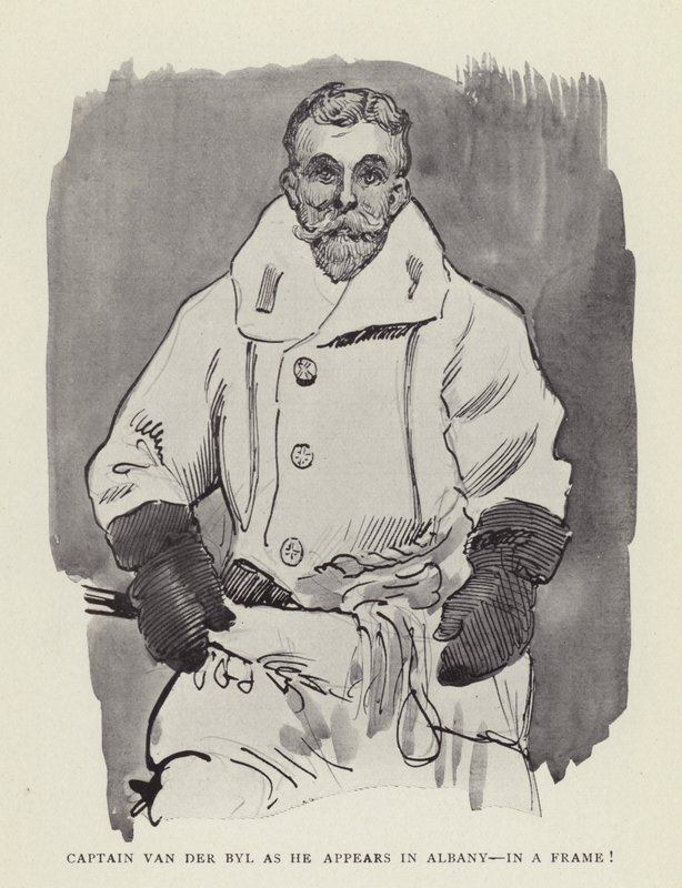 Kaptajn Van der Byl, som han dukker op i Albany, i en ramme! af Harry Furniss