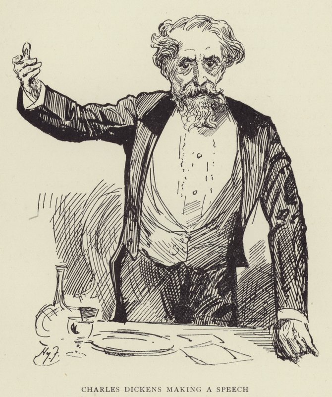 Charles Dickens holder en tale af Harry Furniss