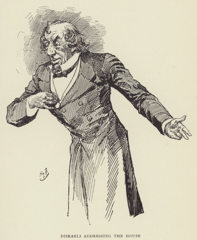 Disraeli i sin tale til Parlamentet af Harry Furniss