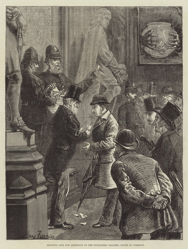 Lodtrækning om adgang til det fremmede galleri, Underhuset af Harry Furniss