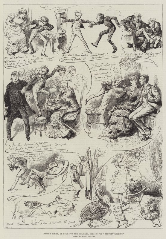 Mester Tommy, hjemme i ferien, går ind til tankelæsning af Harry Furniss