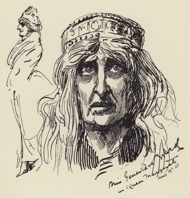 Frøken Genevieve Ward som dronning Margaret af Harry Furniss