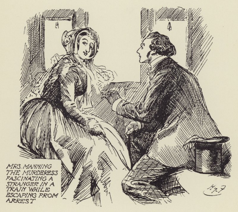 Mrs Manning the Murderess fascinerer en fremmed i et tog, mens hun flygter fra arresten af Harry Furniss