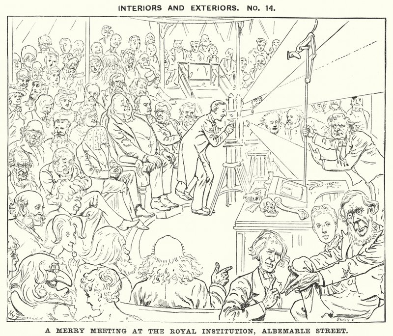 Punch tegneserie: A Merry Meeting at the Royal Institution, Albemarle Street, London (gravering) af Harry Furniss