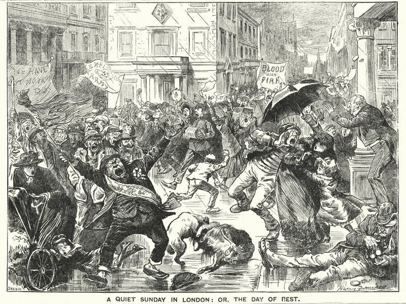 Punch tegnefilm: A Quiet Sunday in London; eller hviledagen (gravering) af Harry Furniss