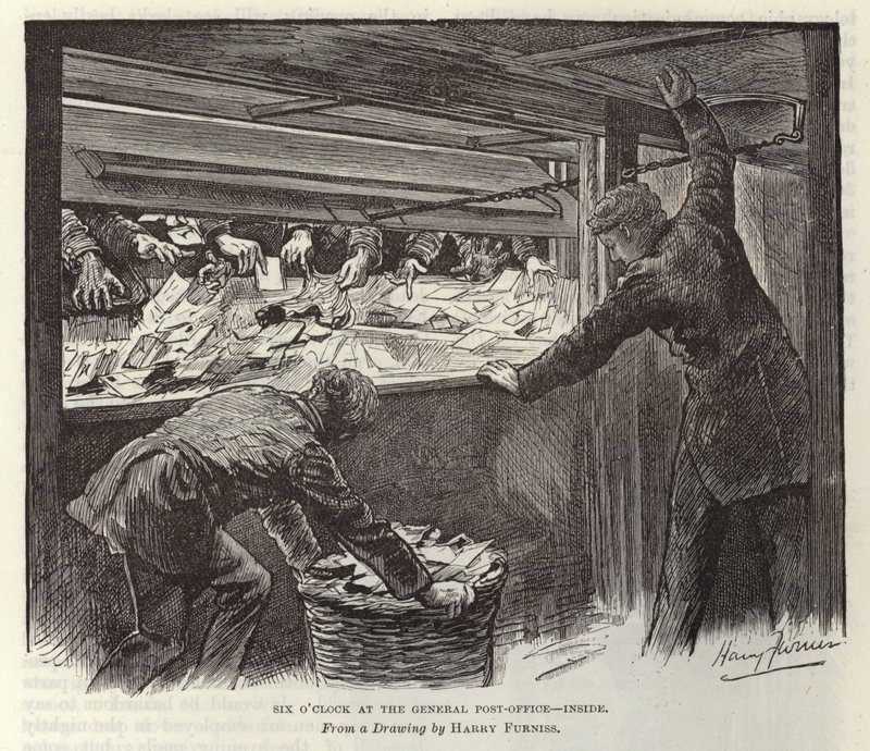 Klokken seks på det almindelige postkontor af Harry Furniss