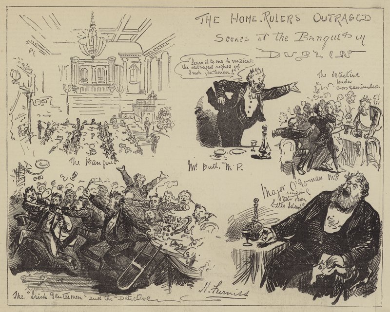 Hjemmestyrerne forargede, scener ved banketten i Dublin af Harry Furniss