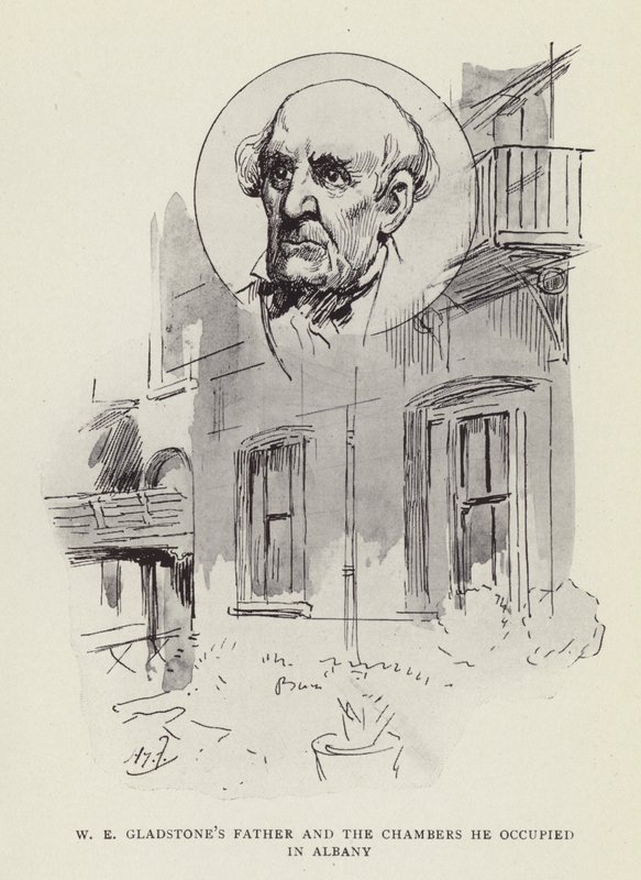 W E Gladstones far og det kammer, han boede i Albany af Harry Furniss