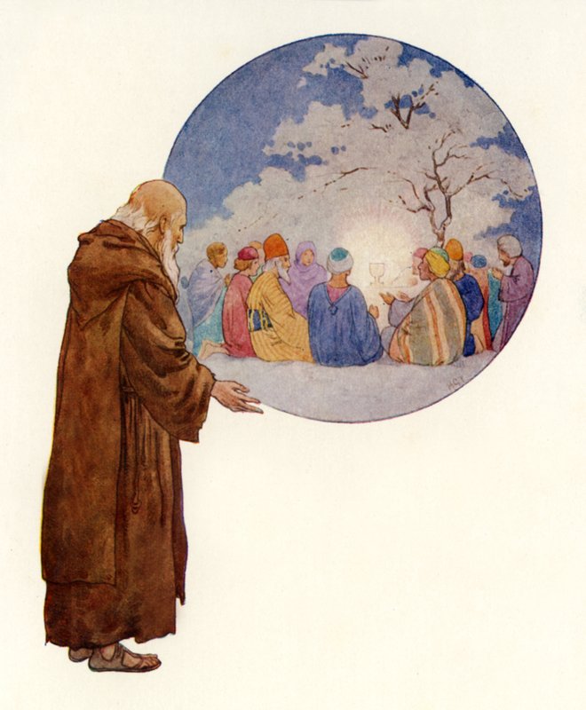 En druide ser Josef og hans ledsagere ved det første festmåltid i Storbritannien (farvelitografi) af Harry George Theaker