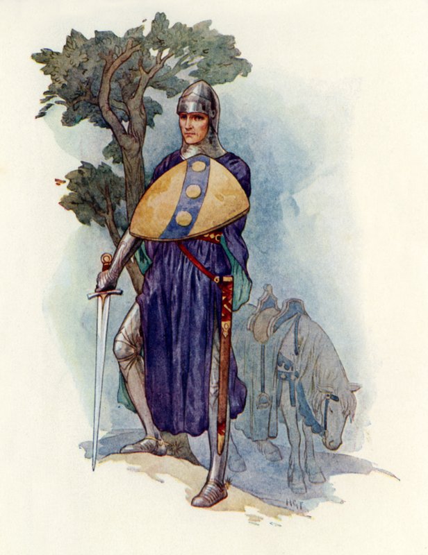 En ridder spærrer vejen (farvelitografi) af Harry George Theaker