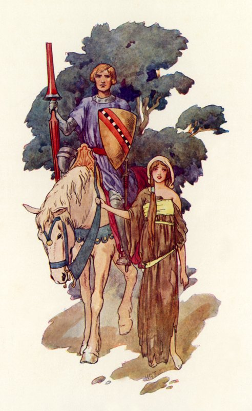 En ridder med en jomfru i klude ved sin side (farvelitografi) af Harry George Theaker