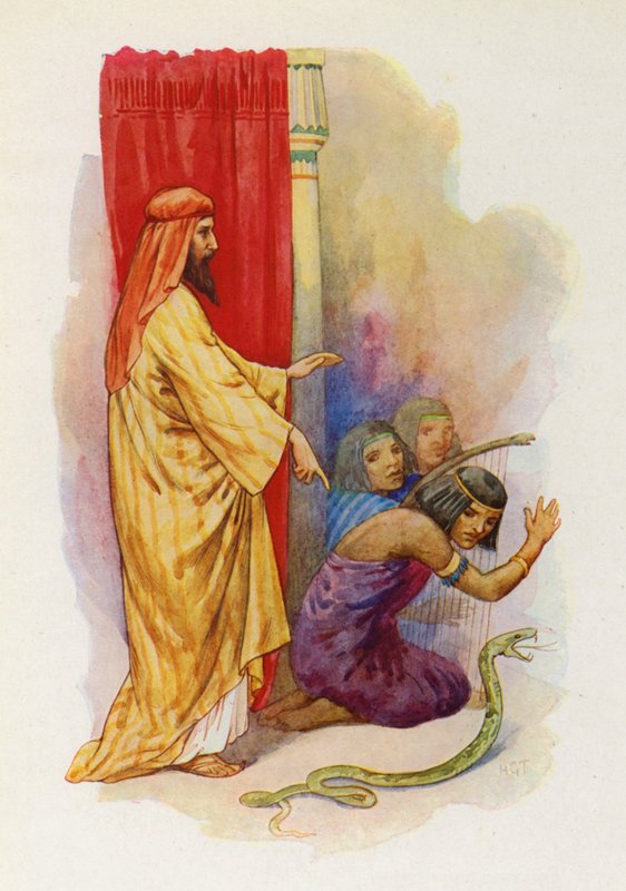 Arons stav faldt til jorden i form af en levende slange (farvelitografi) af Harry George Theaker