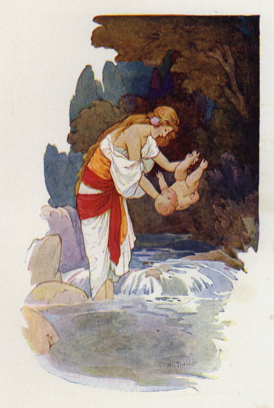Achilleus da Thetis dyppede barnet, hun holdt ham i den ene hæl (farvelitografi) af Harry George Theaker