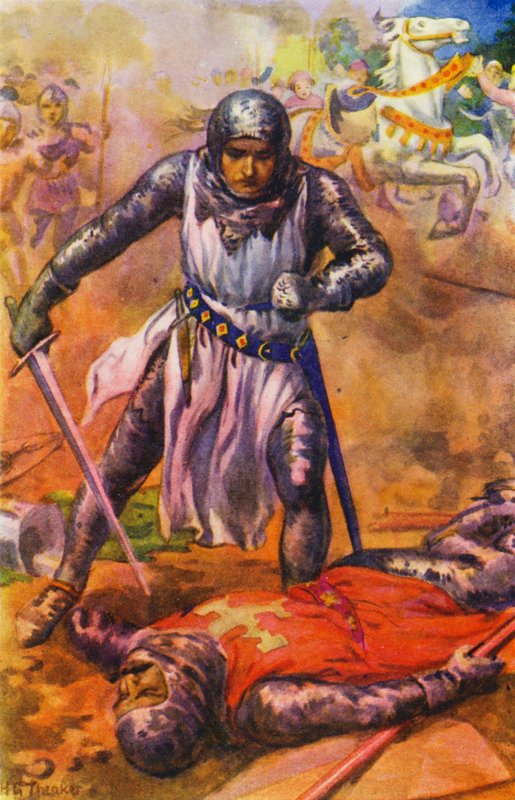 "Efter en hård kamp blev tempelridderne besejret" (farvelitografi) af Harry George Theaker