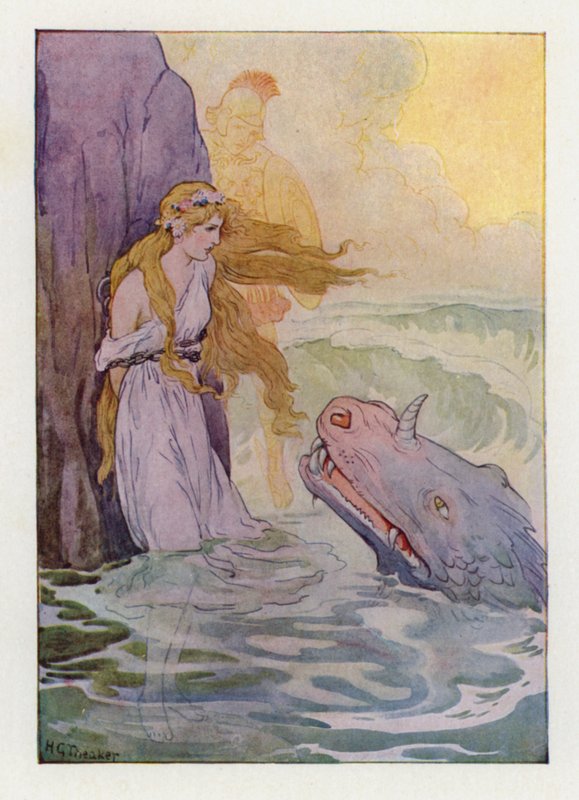 Andromeda og uhyret (farvelitografi) af Harry George Theaker