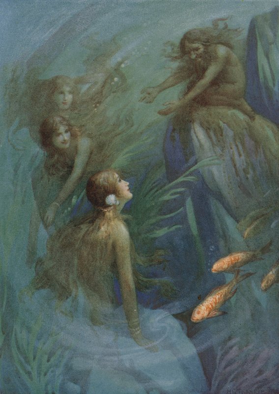 Andvari and the Rhine Maidens, fra "The Rhine Gold" (farvelitografi) af Harry George Theaker