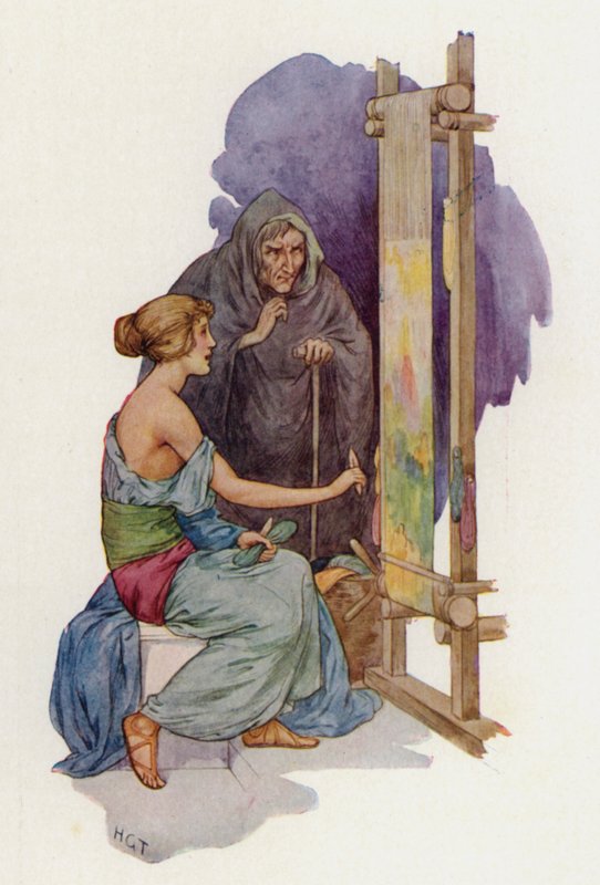 Arachne er ved at blive forvandlet til en edderkop af en forklædt Minerva (farvelitografi) af Harry George Theaker