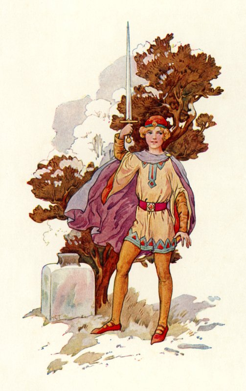 Arthur med Escalibur (farvelitografi) af Harry George Theaker